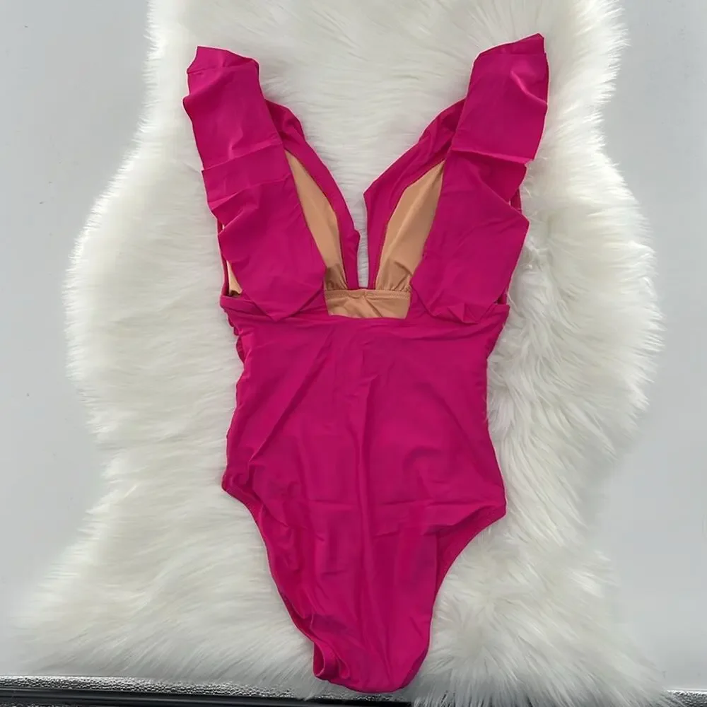 J.Crew Ruched Ruffle One-Piece Swimsuit -  Radiant Fuchsia - 6 - NWT